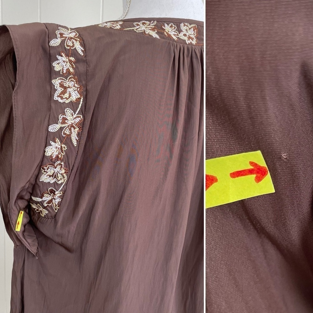 Ramy Brook Short Ruffle Sleeves Tie Neck Floral Embroidery Brown Blouse - Picture 8 of 9